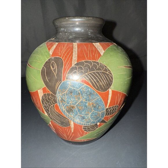 Celia Salazar Costa Rica Pura Vida Incised Vase 5.5” Hummingbird Iguana Turtle - Picture 7 of 16